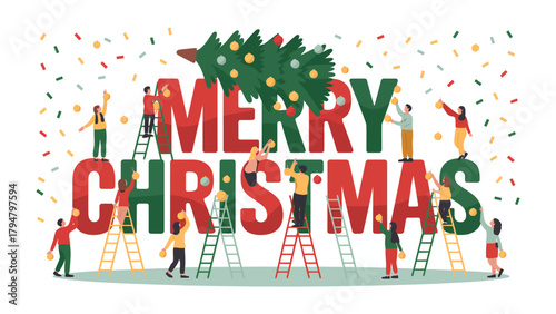 Joyful Christmas Decoration: A festive scene where a group of individuals joyfully decorate the giant Merry Christmas letters with ornaments and a Christmas tree, radiating holiday cheer.