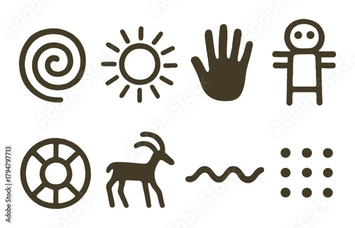 Ancient petroglyph symbols on brown stone background
