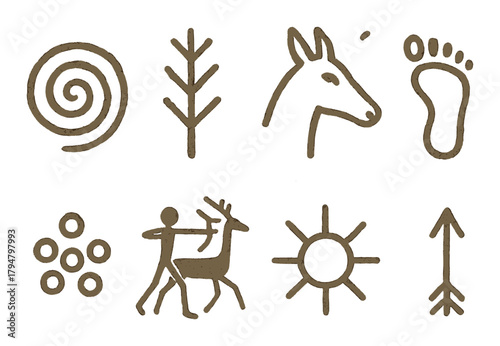 Ancient petroglyph symbols: spirals, animals, human figures, sun, arrow