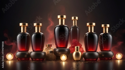 Luxurious Collection of Sleek Dark Bottles with Gilded Caps, Artfully Arranged on Elegant Pedestals Amidst a Mystical Red Haze and Sparkling Gold Dust