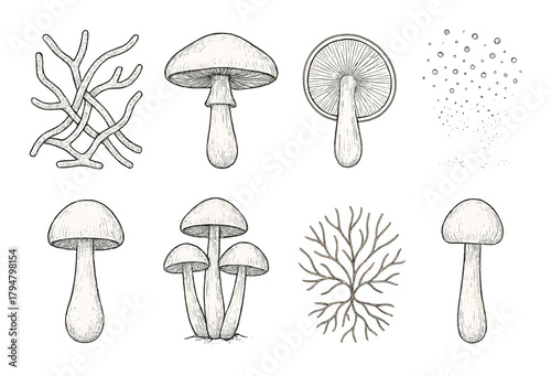 Illustrated mushrooms and fungi with roots on brown background