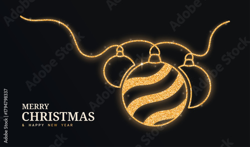 Gold glitter balls continuous line isolated on a black background. Christmas glowing balls with confetti. Vector illustration