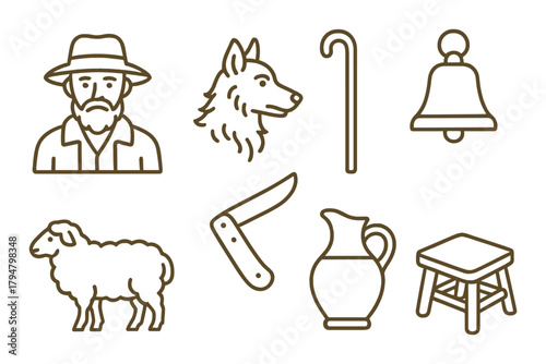 Simple icons of farmer, dog, cane, bell, sheep, knife, pitcher, and stool on brown background