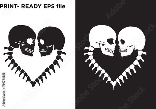 Distressed vector design of two skulls forming a heart with spinal bone links, in stark black and white, conveying dark romance, gothic love, Halloween skeletons, and graphic motifs for print