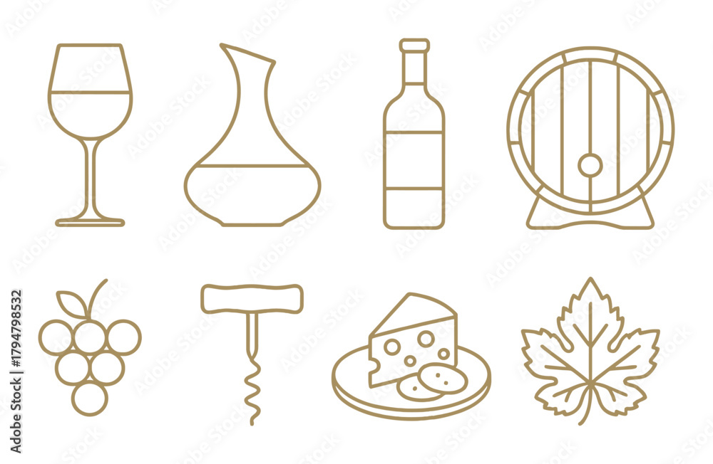 Fototapeta premium Elegant wine icons on golden background featuring glass, bottle, cheese, and grapes