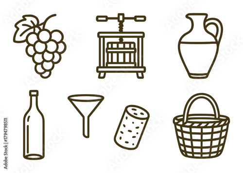 Wine production icons: grapes, press, jug, bottle, funnel, cork, basket