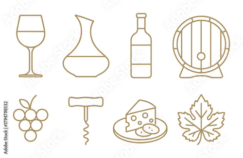 Elegant wine icons on golden background featuring glass, bottle, cheese, and grapes