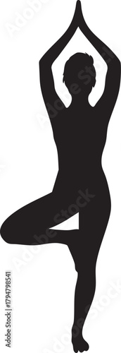 Silhouette of woman performing tree pose yoga, vector illustration