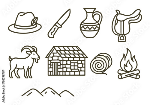 Rustic symbols of ranch life featuring goat hat knife saddle