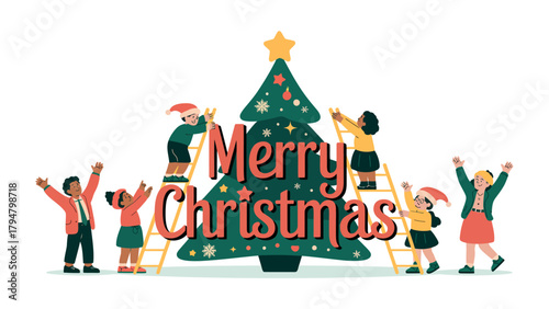 Joyful Christmas Assembly: The spirit of the season comes alive as a group of children, filled with glee, adorn a majestic tree, celebrating the joy of Christmas.