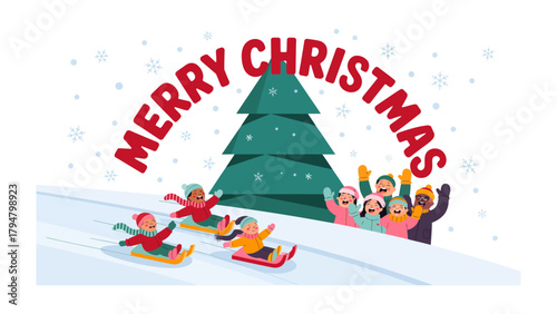 Holiday Cheer on Snow Day: Children enjoy a snowy day with joy on sleds. The image captures the essence of winter fun, featuring snowflakes and a Christmas tree, radiating the spirit of the season.