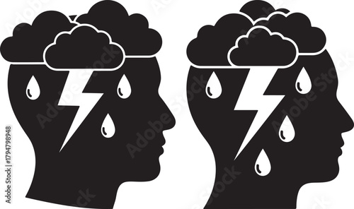 Two heads silhouette with storm clouds silhouette