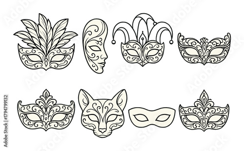 Intricate black and white masquerade masks against gold background