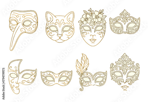 Collection of ornate venetian masks on gold background