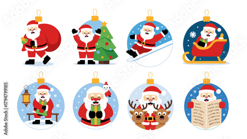 Festive Santa Ornaments: A charming collection of Christmas ornaments, each adorned with a unique depiction of Santa Claus in various joyful scenarios, ready to bring festive cheer and holiday spirit.