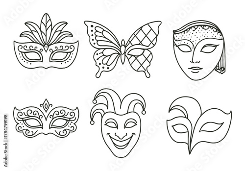 Collection of six intricate masquerade masks with various designs