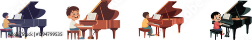 Set of Four Diverse Cartoon Boys Playing the Grand Piano, Vector Illustrations for Music Education, Lessons, Performance, and Childhood Talent Development Concepts.