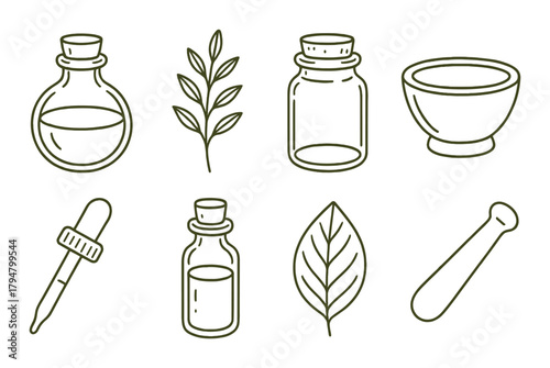Hand-drawn aromatherapy icons on olive background