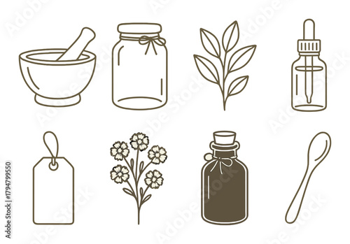 Herbal remedies: mortar, jar, leaves, dropper, bottle, tag, blossoms, spoon