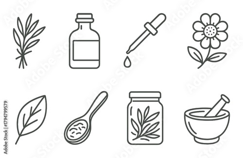 Herbal medicine icons: bottle, dropper, flower, leaf, spoon, jar, mortar