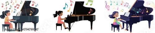 Set of Three Diverse Cartoon Girls Happily Playing Grand Pianos, Cheerful Music Vector Illustrations Surrounded by Floating Notes for Education, Lessons, and Performance Concepts.