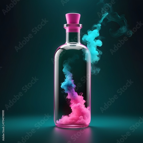 Enigmatic Glass Potion Bottle with Vibrant Pink and Blue Ethereal Smoke and Liquid Swirls on a Dark Teal Background
