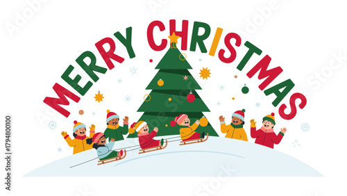 Christmas Cheer on the Slopes: Festive children revel in the spirit of the season, sledding down a snowy hill toward a vibrant Christmas tree with the heartwarming Merry Christmas greeting above.