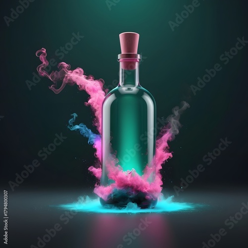 Mystical Glass Bottle with Vibrant Pink and Blue Smoke Explosions Amidst a Glowing Teal Light on a Dark Background