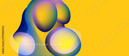 Abstract colorful shapes overlap yellow backdrop. Modern design elements create dynamic visual experience. Smooth gradients enhance aesthetic appeal.