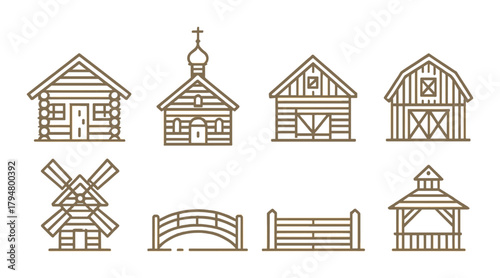Rustic line art illustrations of farm buildings and structures on brown background
