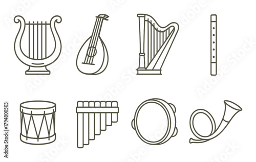 Collection of musical instrument icons: lyre, lute, harp, flute, drum, pan flute, tambourine, horn
