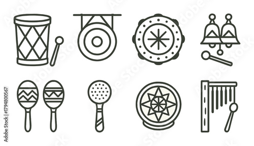 Collection of traditional percussion instruments on vintage background