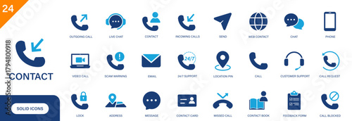 Contact icon. Includes call, email, message, livechat, missed call, address. Solid vector icon set.