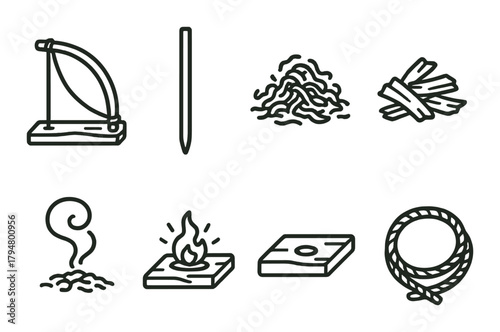 Primitive survival tools icons: bow drill, tinder, fire, rope, stone, stick