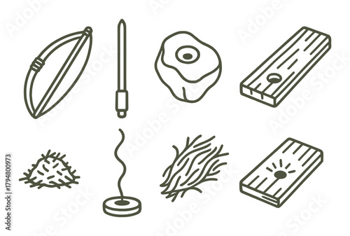 Medieval hunting tools and resources: bow, quiver, meat, planks, straw, herbs, incense