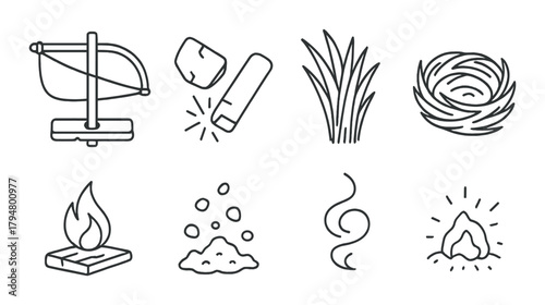 Primitive fire-making tools and nature elements with fire techniques symbols