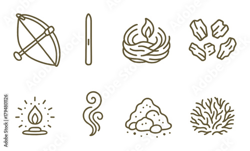 Primitive survival tools and elements icons on brown background