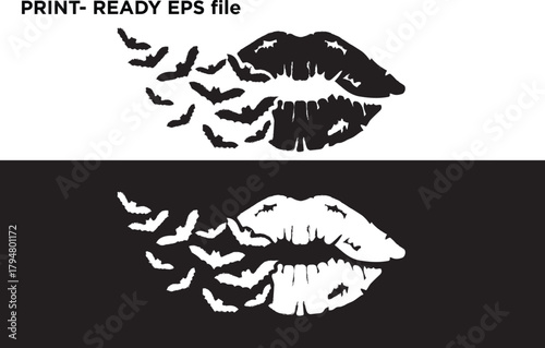 Distressed vector design of a single lipstick kiss transforming into a swarm of bats, in stark black and white, conveying spooky romance, gothic glamour, Halloween kisses, and graphic motifs for print
