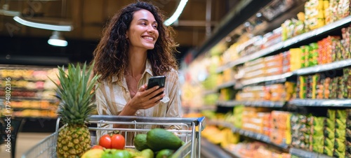 The woman shopping in a supermarket aisle with a cart full of produce