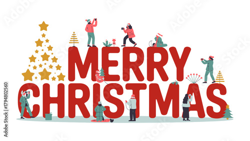 Festive Cheers: A vibrant illustration of MERRY CHRISTMAS, featuring playful people in winter attire, surrounded by holiday decorations, stars, and a Christmas tree.
