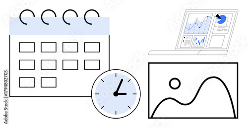 Calendar, clock, line chart, bar graph, and abstract landscape represent time management, analysis, productivity, and planning. Ideal for project tracking scheduling research strategy progress
