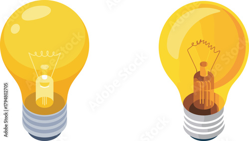 Pair of Isometric Glowing Light Bulb Vector Illustrations, 3D Style Icon Graphic Representing Idea, Creativity, Innovation, Electric Power, and Business Solution Concepts.