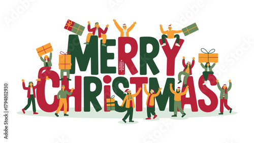 Holiday Cheers: Festive characters gather around vibrant lettering, their faces alight with holiday spirit, exchanging gifts and spreading seasonal joy.