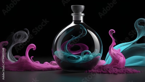 Mystical Glass Decanter with Vibrant Swirling Magenta and Teal Abstract Liquids and Granular Flows on a Dramatic Dark Background