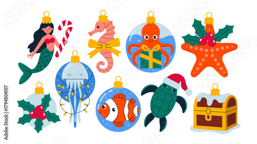Festive Undersea Ornaments: A vibrant assortment of whimsical ornaments, each depicting a unique sea creature, adds a touch of oceanic magic to the festive season.