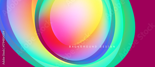 Abstract colorful layers create dynamic circular design. Vivid gradients blend, forming modern background. Bright hues dominate composition.