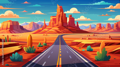 Very beautiful endless straight highway in the American Southwest, USA, featuring wide open desert landscapes, red rock formations, and a clear sky, capturing the vastness, freedom, and iconic scenery