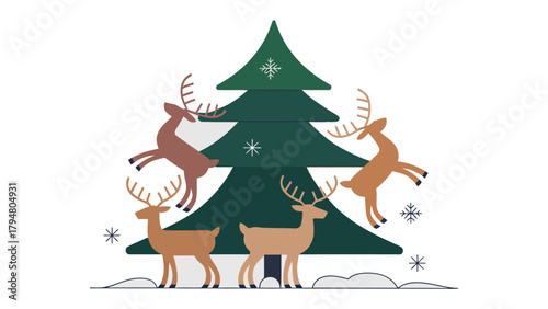Holiday deer scene: A festive illustration shows several deer with antlers around a decorated tree, evoking joy and anticipation for the holiday season.