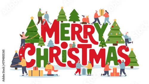Festive greetings: The image showcases a lively Merry Christmas scene with people arranging presents around trees