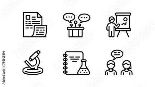 Set of six simple black and white icons representing business and science concepts